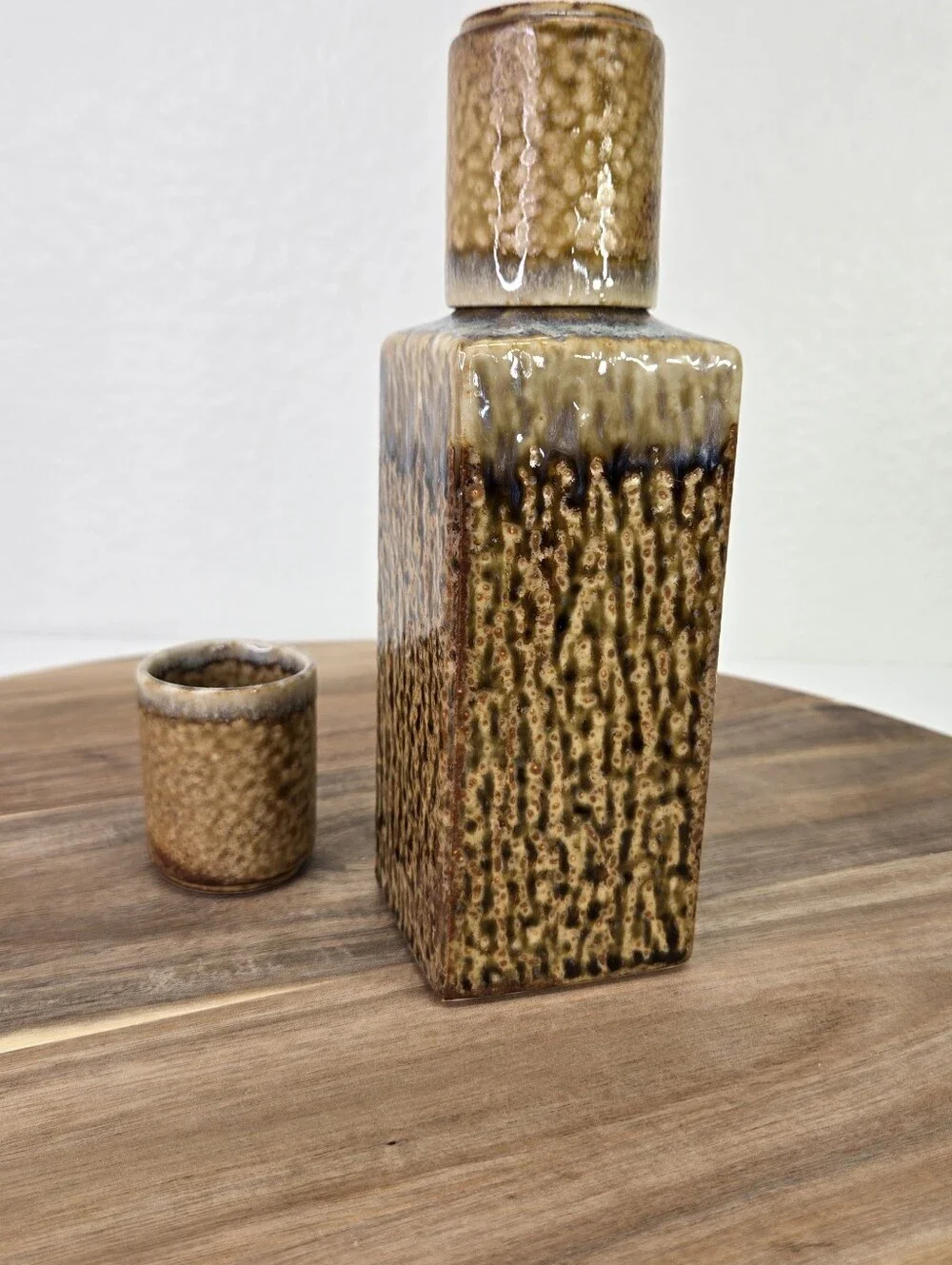 Vintage Japanese Stoneware Sake Drink Set Pottery Brown Lava Drip Glaze Set